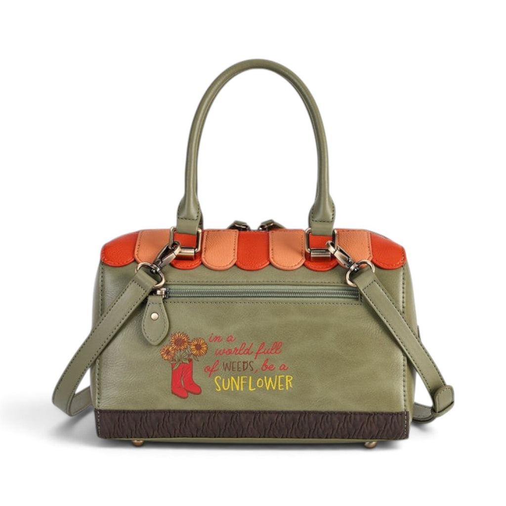 The Happy Shoe Shop Vendula London vegan leather bowler bag in olive green with sunflower embroidery and orange trim.