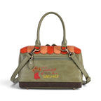 The Happy Shoe Shop Vendula London vegan leather bowler bag in olive green with sunflower embroidery and orange trim.