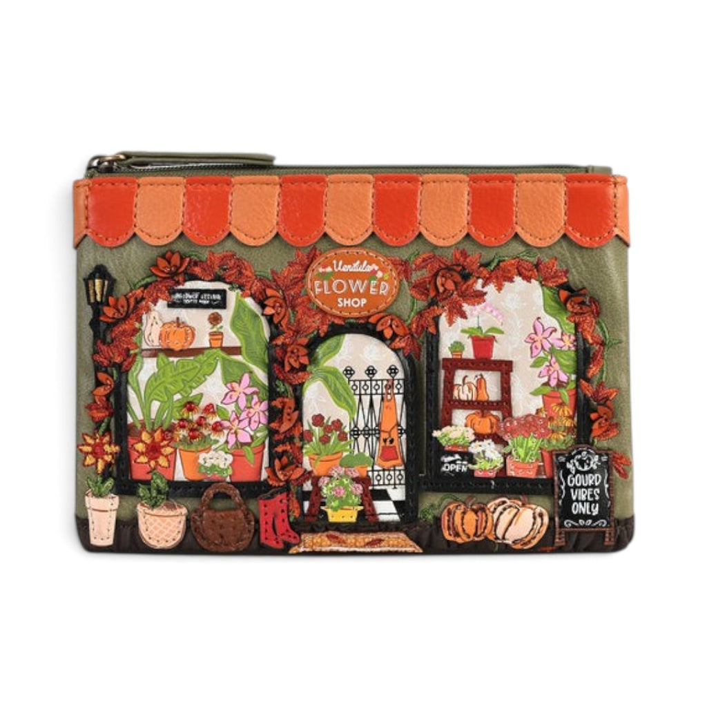 The Happy Shoe Shop Vendula London Flower Shop zipper coin purse in amber vegan leather with floral and gourd motifs.