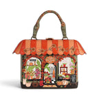 The Happy Shoe Shop Vendula London flower shop grab bag in amber vegan leather with autumn-themed embossed details.