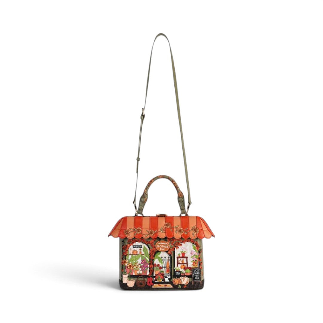 The Happy Shoe Shop Vendula London flower shop grab bag in amber with autumn-themed vegan leather artwork.