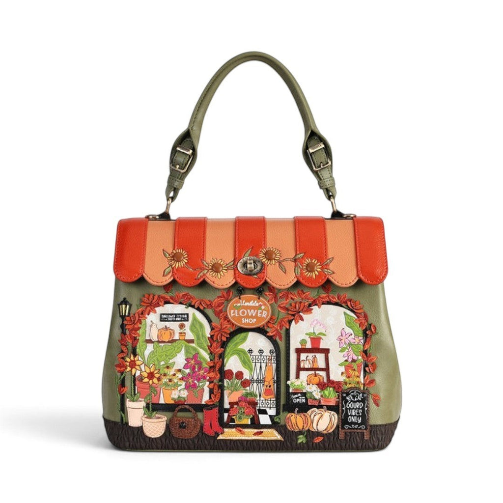 The Happy Shoe Shop Vendula London Flower Shop Grace Bag in amber vegan leather with autumn floral shop design