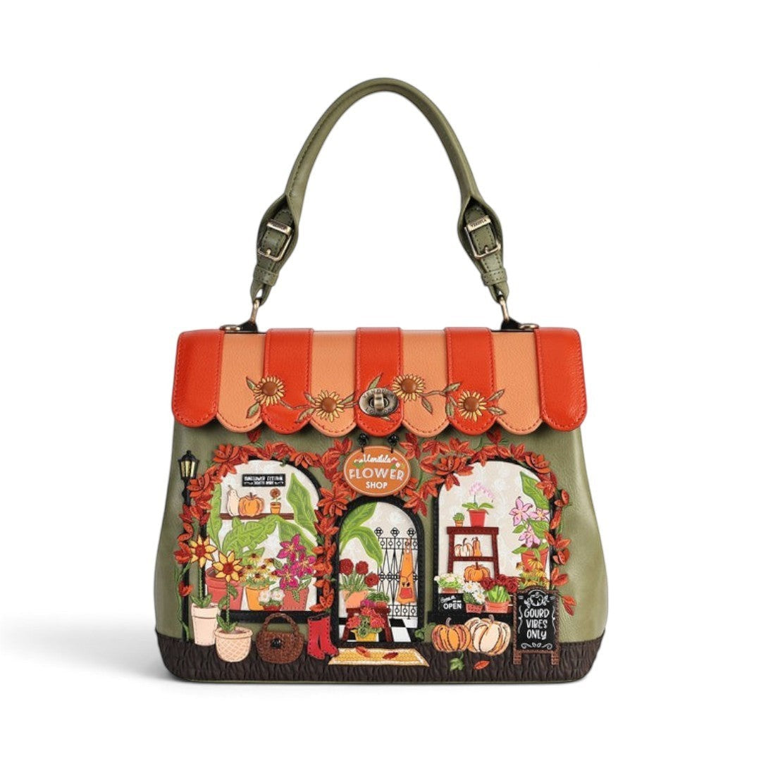 The Happy Shoe Shop Vendula London Flower Shop Grace Bag in amber vegan leather with autumn floral shop design