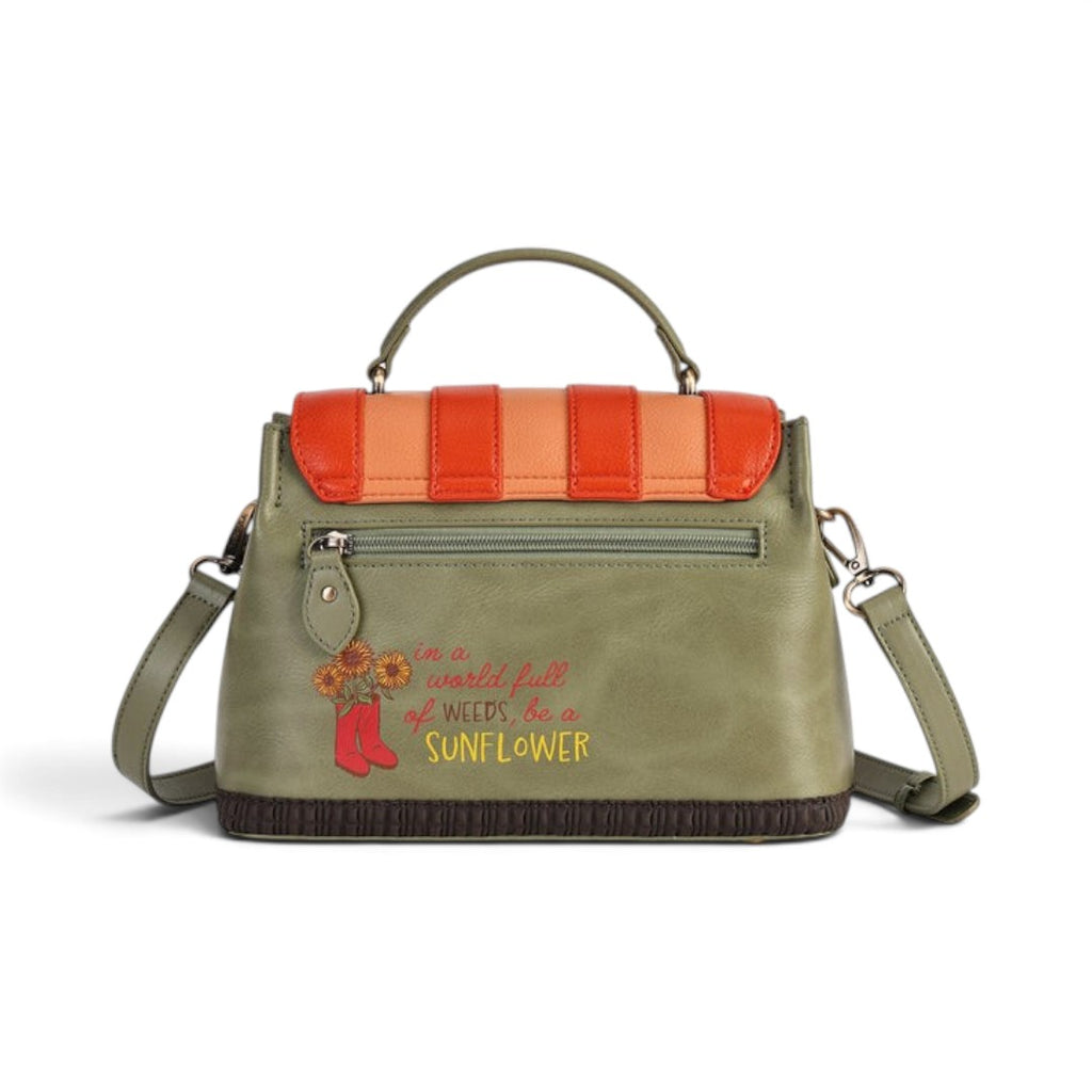 The Happy Shoe Shop Vendula London Flower Shop Mini Grace Bag in amber vegan leather with sunflower embroidery.