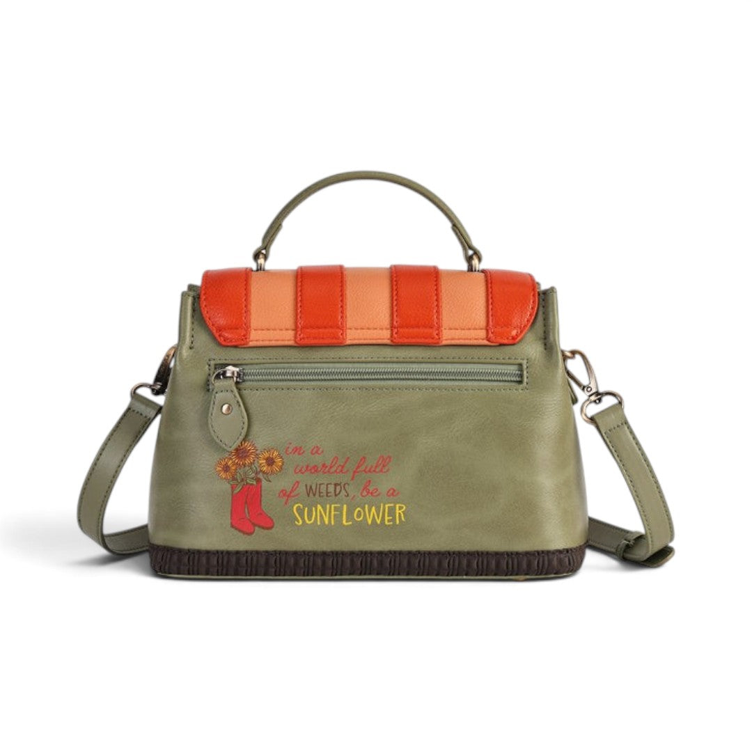 The Happy Shoe Shop Vendula London Flower Shop Mini Grace Bag in amber vegan leather with sunflower embroidery.