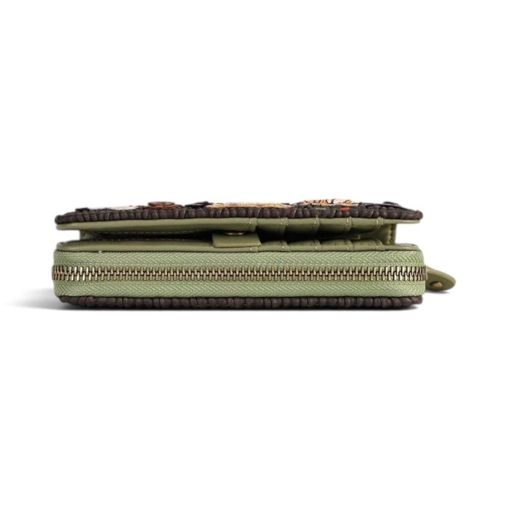 The Happy Shoe Shop Vendula London flower shop wallet in green vegan leather with a ziparound closure, side view.