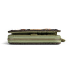 The Happy Shoe Shop Vendula London flower shop wallet in green vegan leather with a ziparound closure, side view.