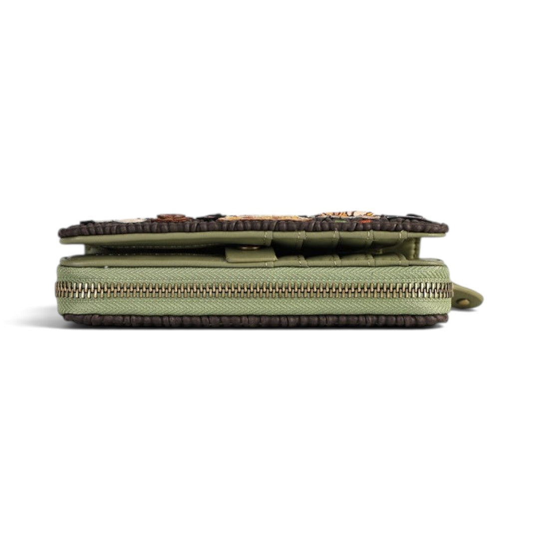 The Happy Shoe Shop Vendula London flower shop wallet in green vegan leather with a ziparound closure, side view.