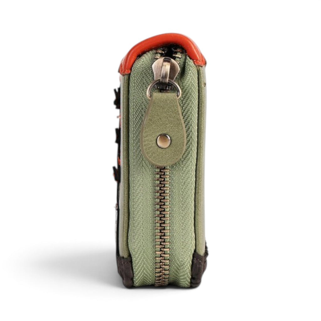 The Happy Shoe Shop Vendula London Flower Shop ziparound wallet in amber and green vegan leather side view