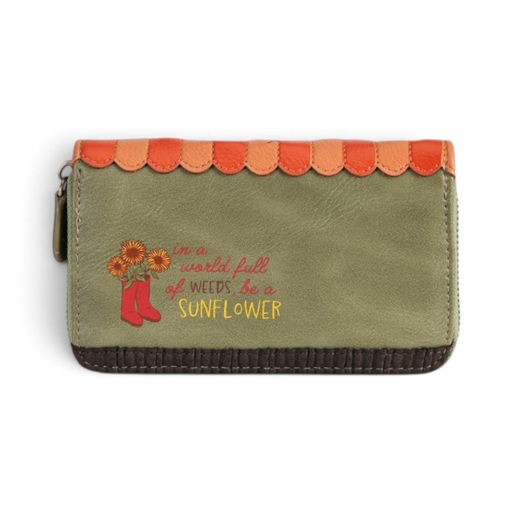 The Happy Shoe Shop Vendula London flower shop wallet in olive green vegan leather with sunflower and boot graphic.