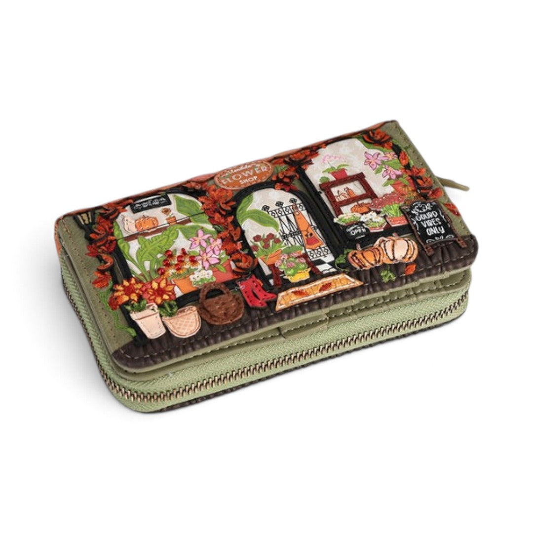 The Happy Shoe Shop Vendula London flower shop ziparound wallet in autumn colours with embossed vegan leather details.