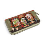 The Happy Shoe Shop Vendula London Flower Shop ziparound wallet in olive green vegan leather with floral embroidery.