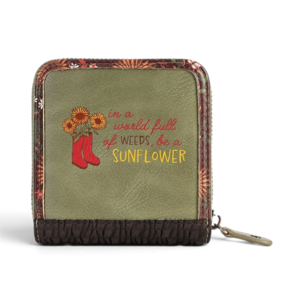 The Happy Shoe Shop Vendula London square wallet in olive green vegan leather with sunflower and boot print design.