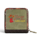 The Happy Shoe Shop Vendula London square wallet in olive green vegan leather with sunflower and boot print design.