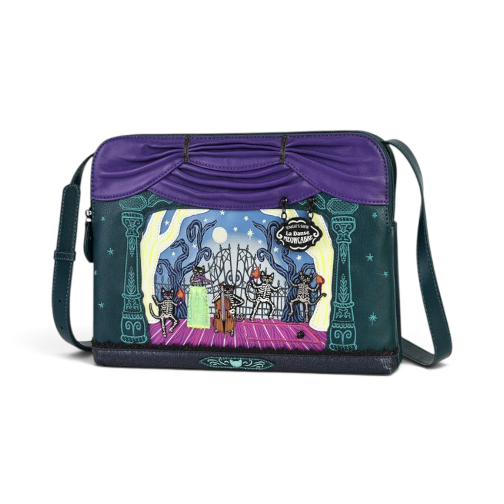 The Happy Shoe Shop Vendula London Haunted Theatre crossbody bag in vegan leather with skeleton cat theatre scene.