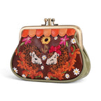 The Happy Shoe Shop Vendula London vegan leather coin purse with embroidered hedgehogs and autumn floral details.