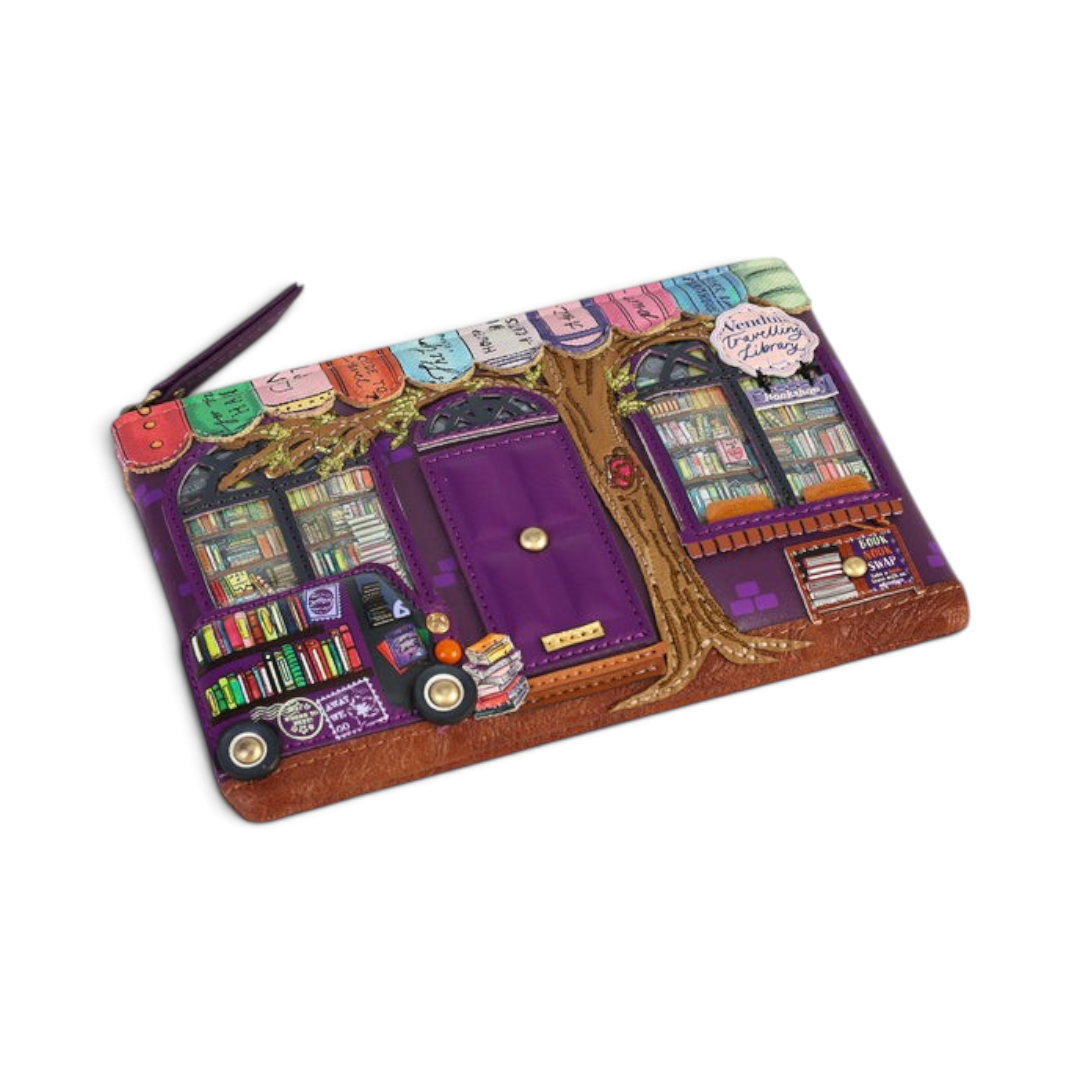 The Happy Shoe Shop Vendula London Travelling Library vegan leather coin purse with embossed bookshop artwork.