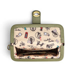 The Happy Shoe Shop Vendula London Lyla backpack interior featuring iconic printed lining and olive green trim