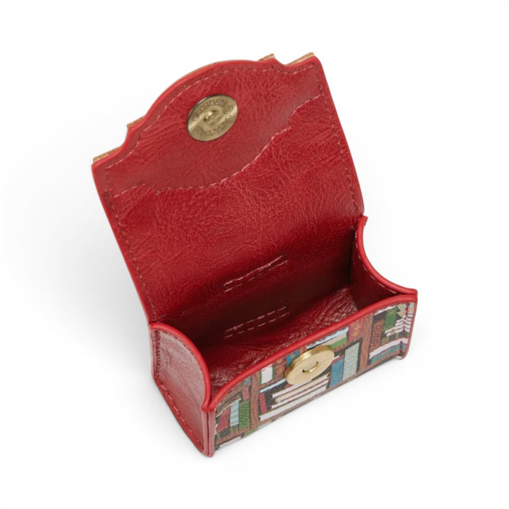 The Happy Shoe Shop Vendula London Bookshelf Boulevard Pods Case, red vegan leather with bookshelf print, magnetic closure.