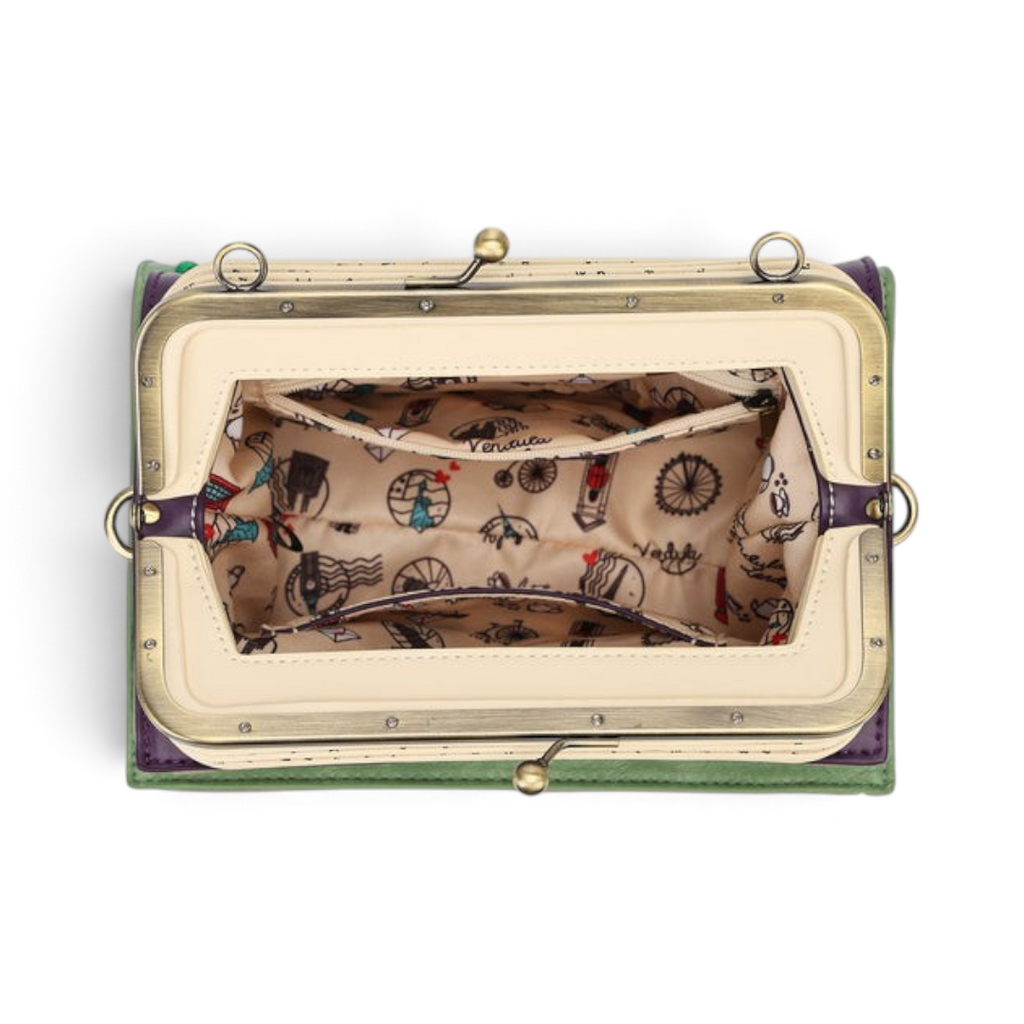 The Happy Shoe Shop Vendula London bookshop bag interior with cream lining featuring whimsical printed patterns
