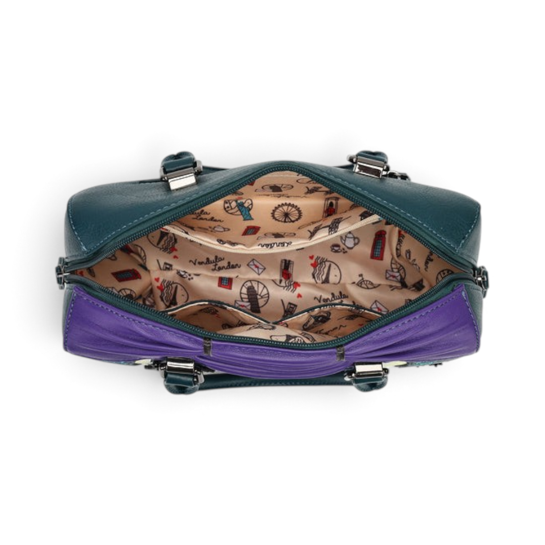 The Happy Shoe Shop Vendula Haunted Theatre bowler bag interior showing iconic printed cotton lining and pockets.