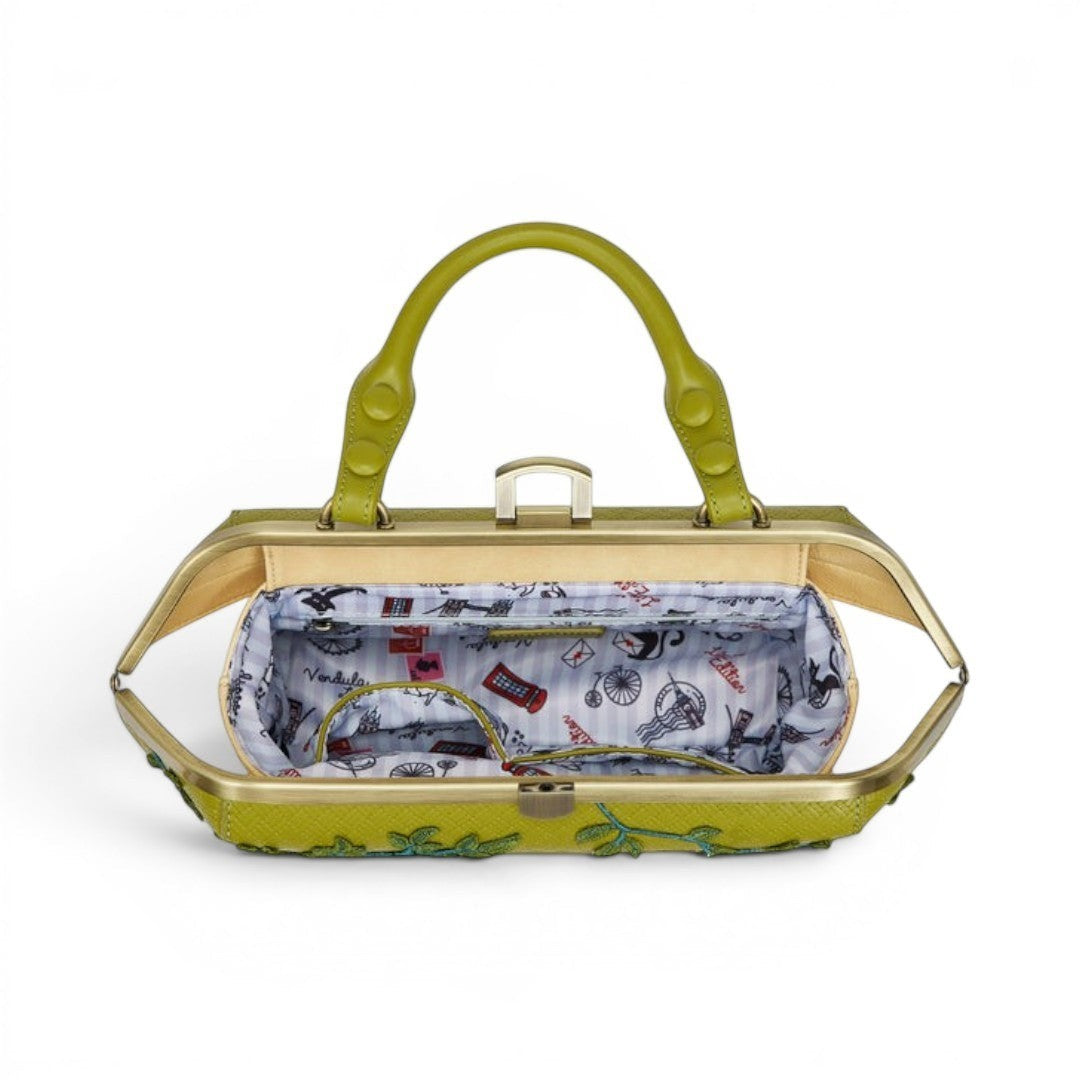 The Happy Shoe Shop Vendula London Shakespeare's Theatre Twelfth Night Grab Bag in lime green vegan leather with floral embroidery and themed lining.