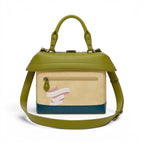 The Happy Shoe Shop Vendula London Shakespeare's Theatre Twelfth Night Grab Bag in beige, green, and blue vegan leather with a quote.