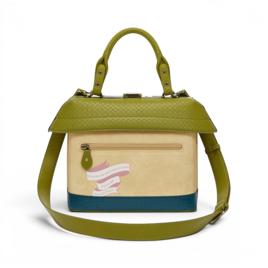 The Happy Shoe Shop Vendula London Shakespeare's Theatre Twelfth Night Grab Bag in beige, green, and blue vegan leather with a quote.