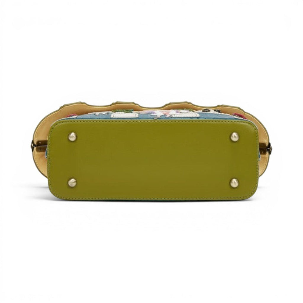 The Happy Shoe Shop Vendula London Shakespeare's Theatre Twelfth Night Grab Bag, green vegan leather base with embroidered theatre scene.