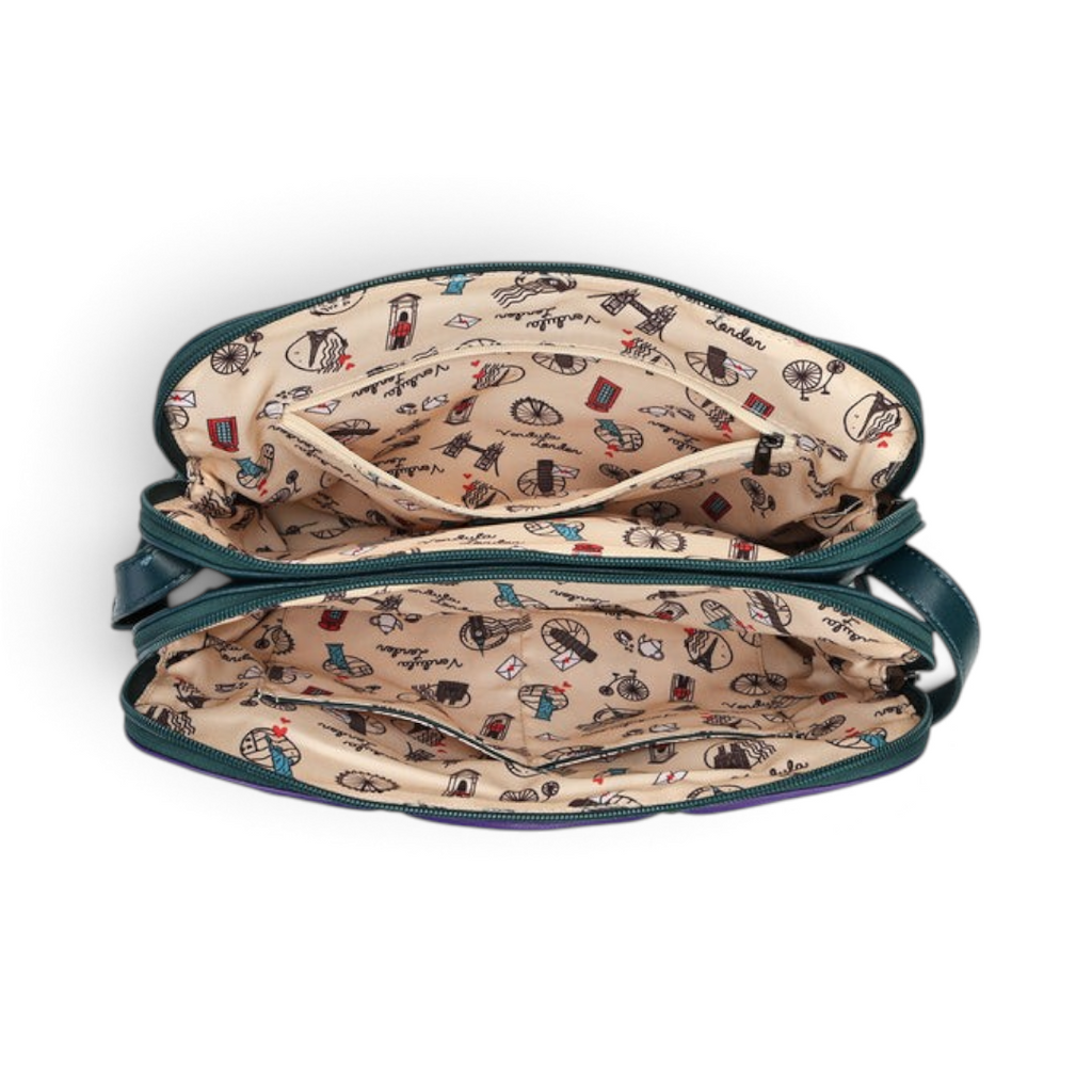 The Happy Shoe Shop Vendula London Haunted Theatre Bella Bag showing the interior with two zipped compartments