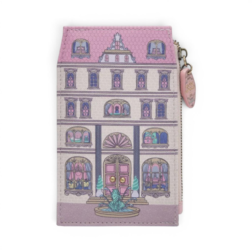 The Happy Shoe Shop Grand Vendula Hotel coin purse in pastel pink and cream vegan leather with hotel facade design.