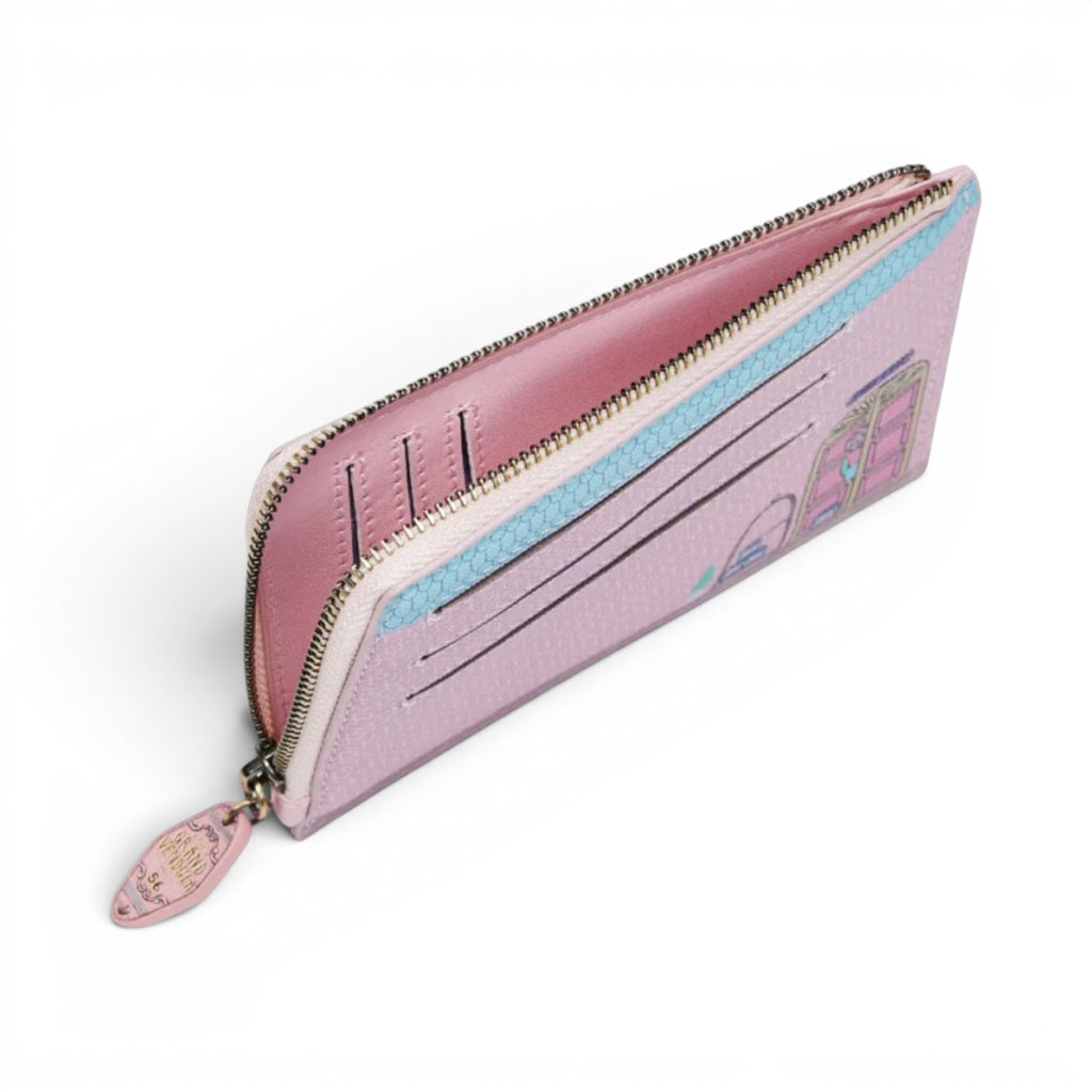The Happy Shoe Shop Grand Vendula Hotel coin purse in pink vegan leather with hotel motif and card slots.
