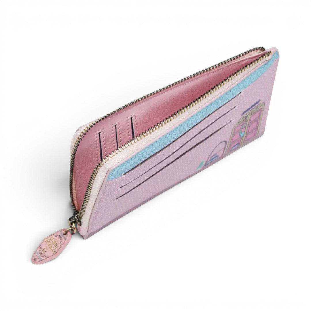 The Happy Shoe Shop Grand Vendula Hotel coin purse in pink vegan leather with hotel motif and card slots.