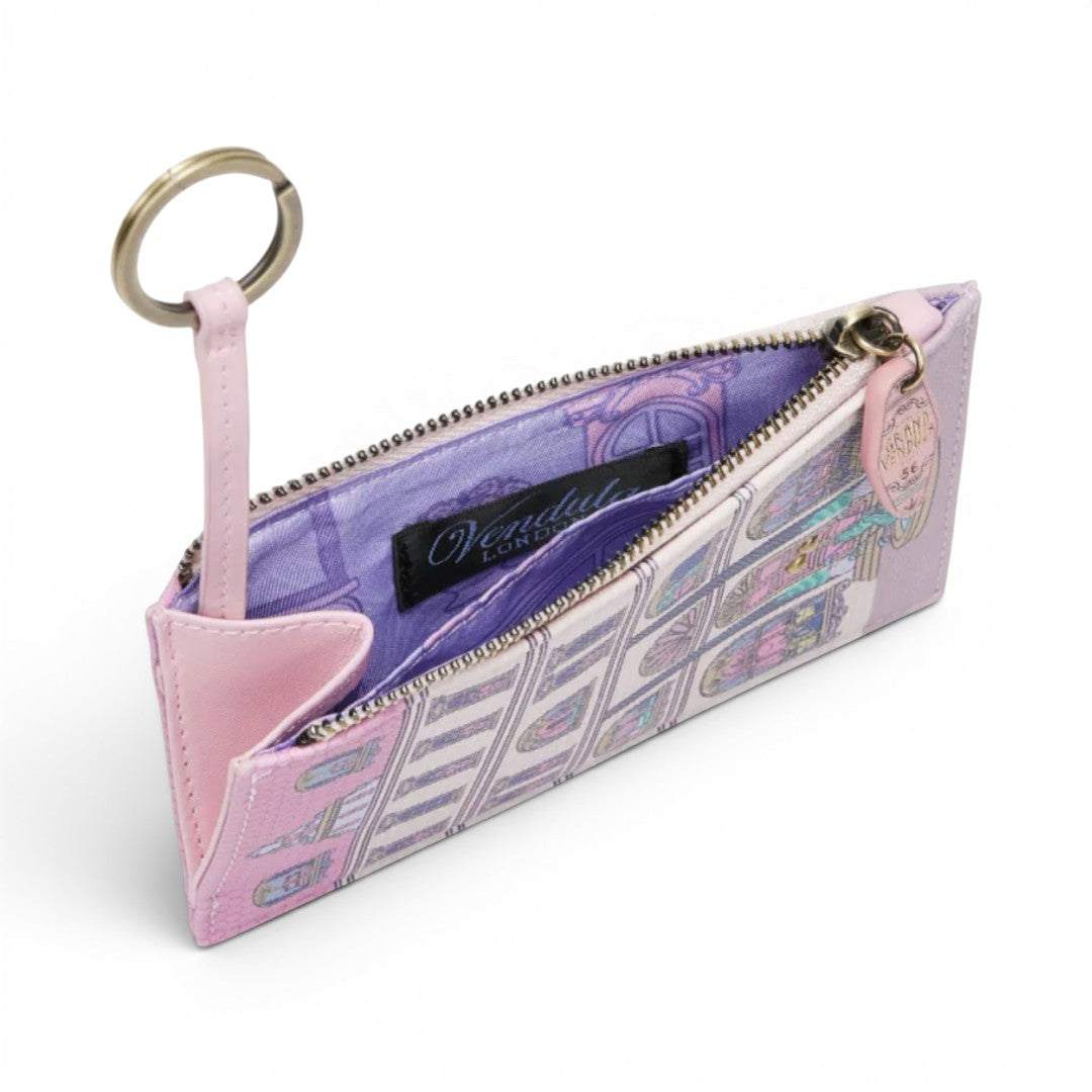 The Happy Shoe Shop Vendula London Grand Vendula Hotel coin purse in pastel vegan leather with hotel facade print and keychain.