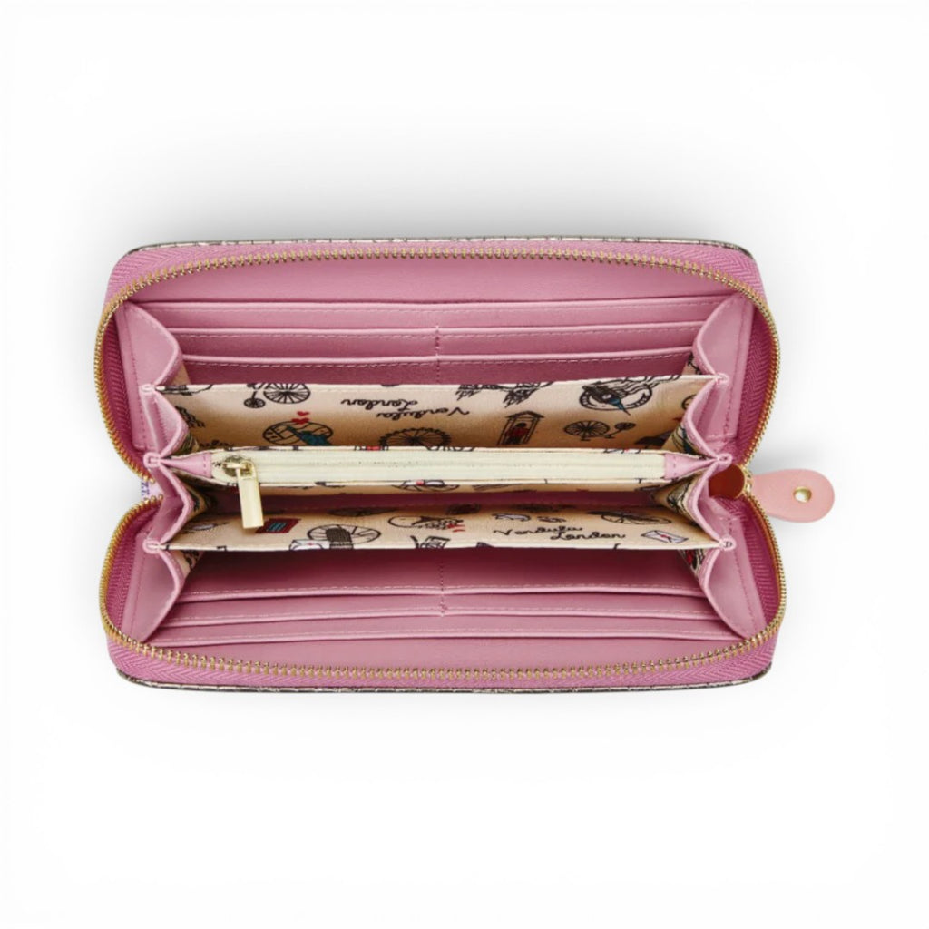 The Happy Shoe Shop Vendula London raspberry vegan leather ziparound wallet interior with card slots and coin pocket.