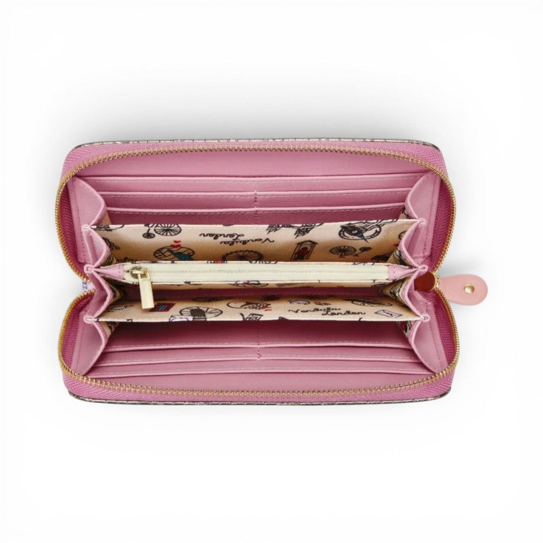 The Happy Shoe Shop Vendula London raspberry vegan leather ziparound wallet interior with card slots and coin pocket.