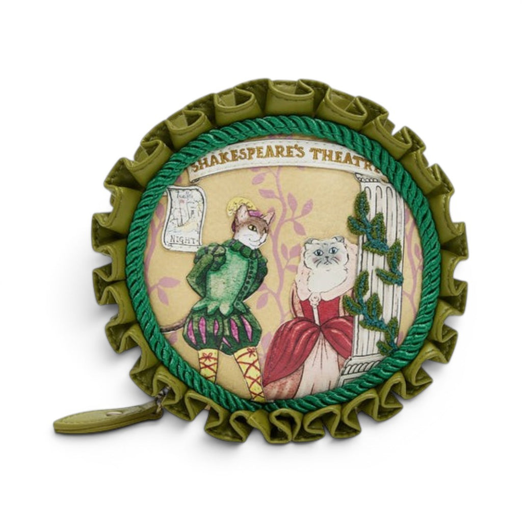 The Happy Shoe Shop Vendula London Shakespeare's Theatre Twelfth Night round coin purse with cats in costume, green vegan leather trim.