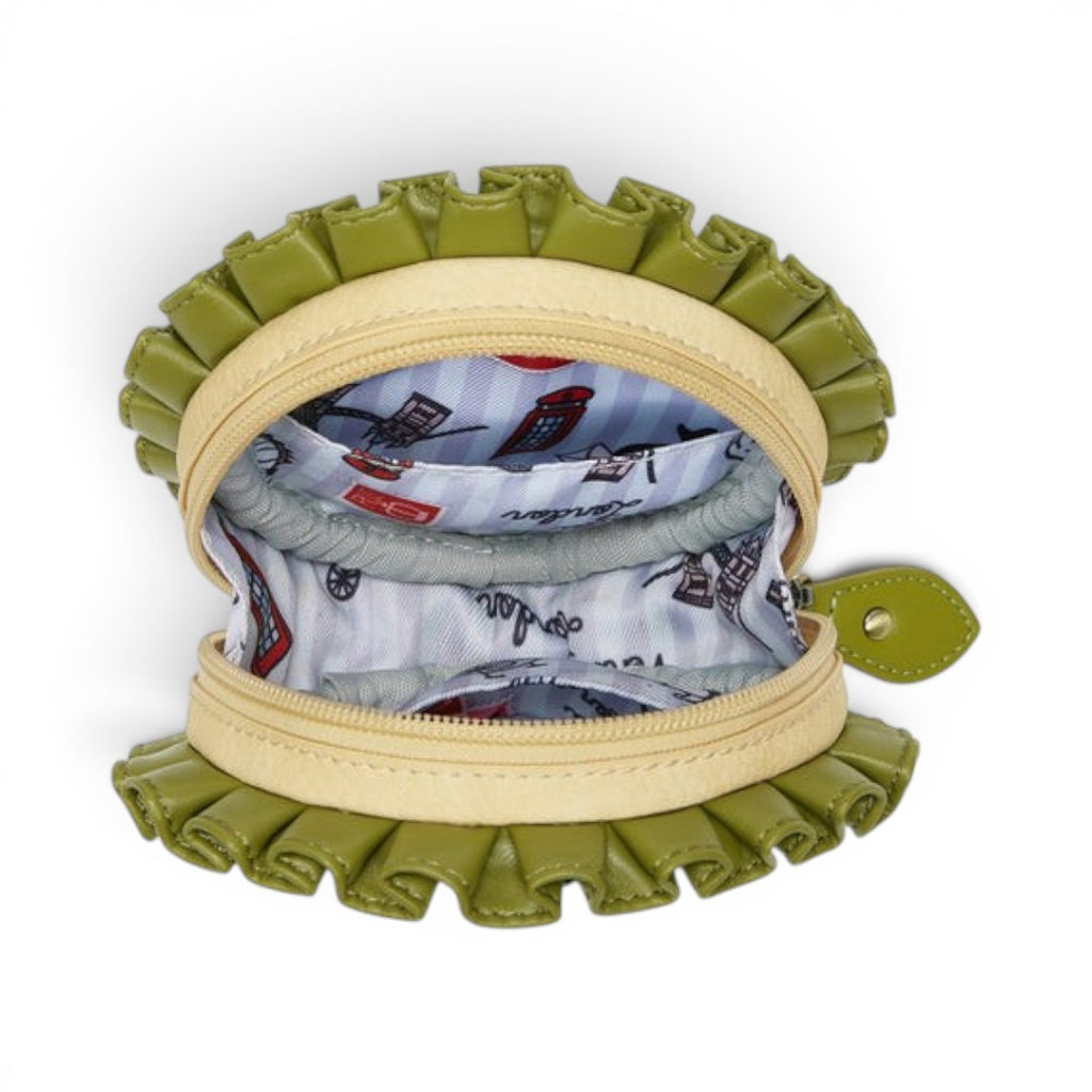 The Happy Shoe Shop Vendula London Shakespeare's Twelfth Night round coin purse in vegan leather with green ruffled trim and London-themed lining.