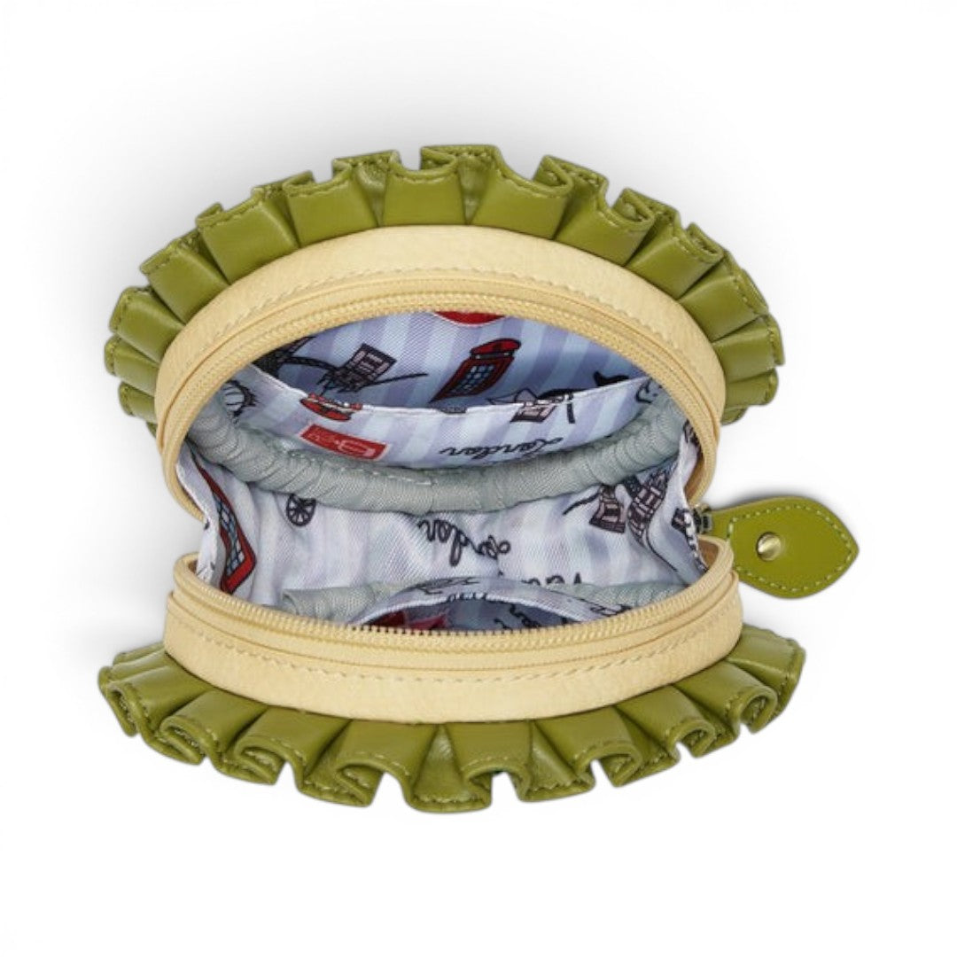 The Happy Shoe Shop Vendula London Shakespeare's Twelfth Night round coin purse in vegan leather with green ruffled trim and London-themed lining.
