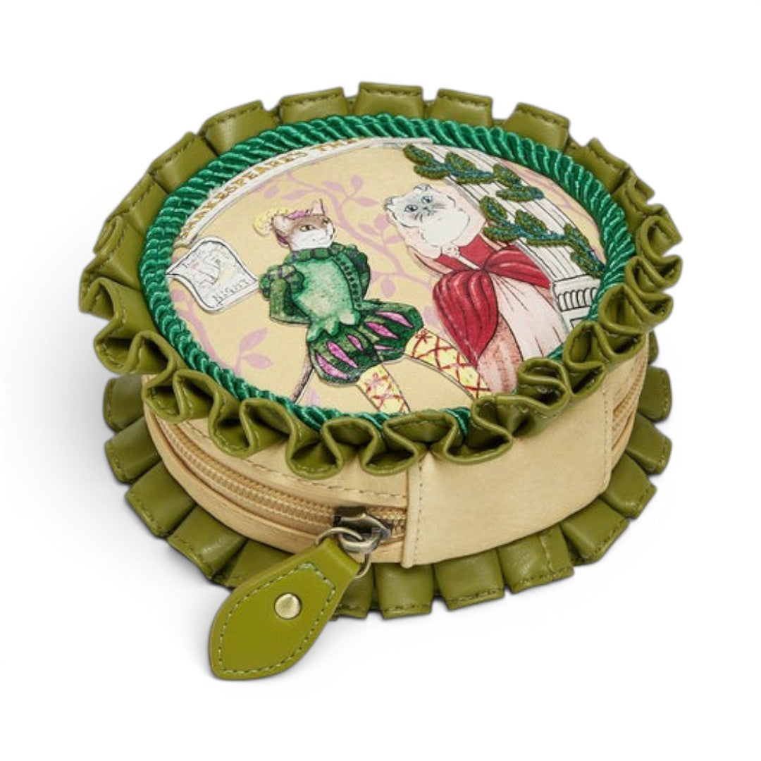 The Happy Shoe Shop Vendula London Shakespeare's Theatre round coin purse with cats in costume, green ruffles, and antique-look brass zipper.