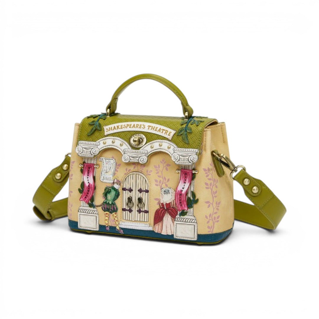 The Happy Shoe Shop Vendula London Shakespeare's Theatre bag with theatre facade, figures, and green handles.
