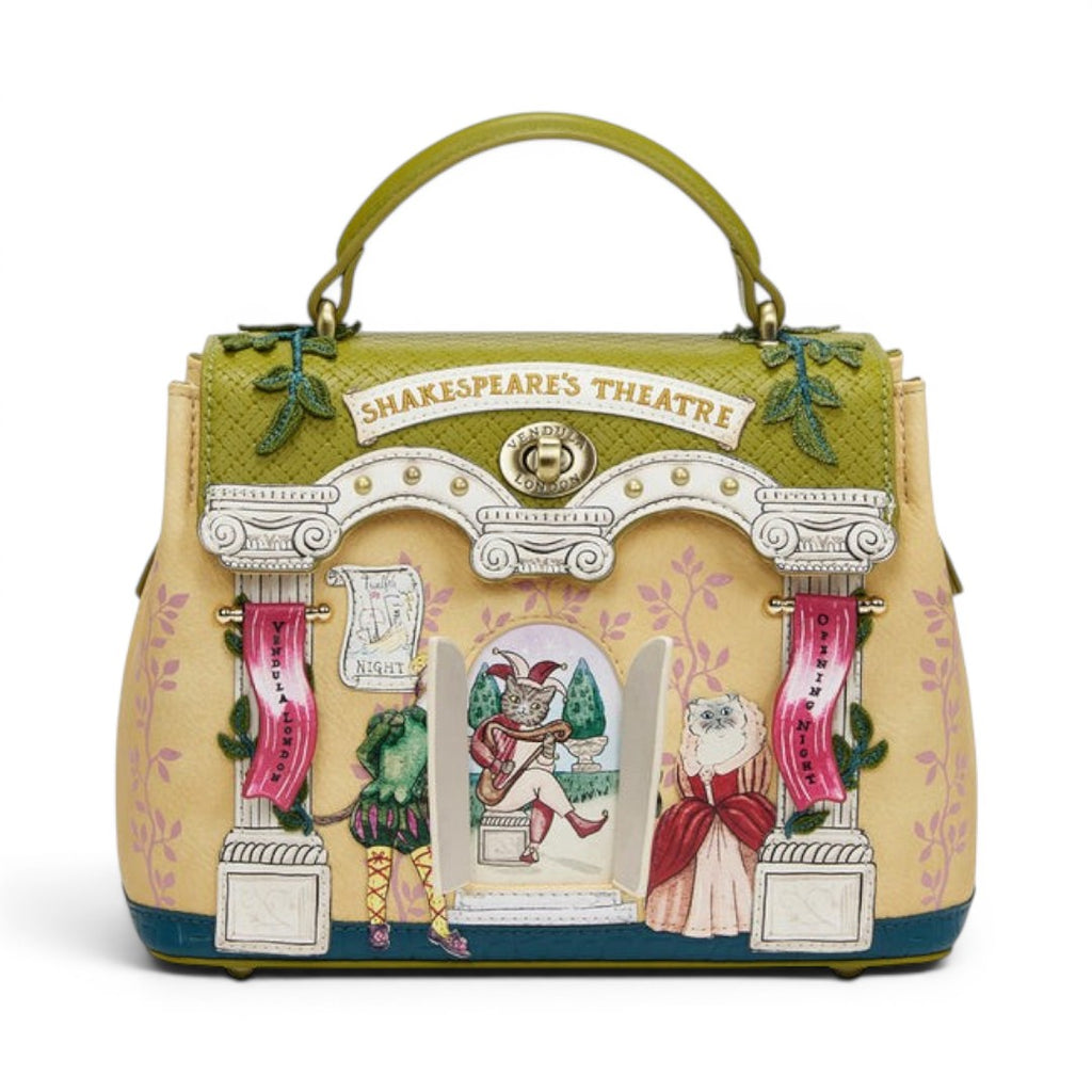 The Happy Shoe Shop Vendula London Shakespeare's Theatre bag with cat characters and theatre design. Green and yellow.