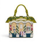 The Happy Shoe Shop Vendula London Shakespeare's Theatre Twelfth Night Grab Bag, a structured vegan leather handbag with a theatre facade design, featuring cats in costume and foliage details.