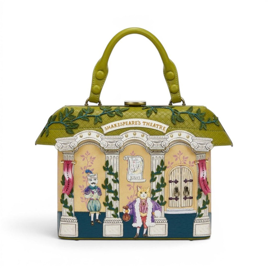 The Happy Shoe Shop Vendula London Shakespeare's Theatre Twelfth Night grab bag, a structured vegan leather handbag with a theatre facade design, featuring cats in costume.