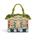 The Happy Shoe Shop Vendula London Shakespeare's Theatre Twelfth Night grab bag, a structured vegan leather handbag with a theatre facade design, featuring cats in costume.