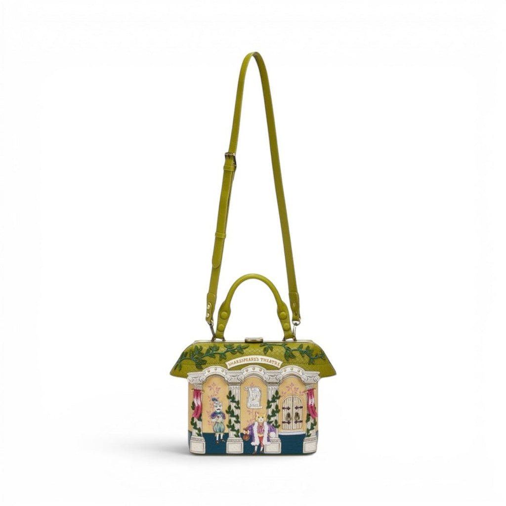 The Happy Shoe Shop Vendula London Shakespeare's Theatre Twelfth Night Grab Bag, a structured vegan leather handbag with a theatre facade print and green trim.