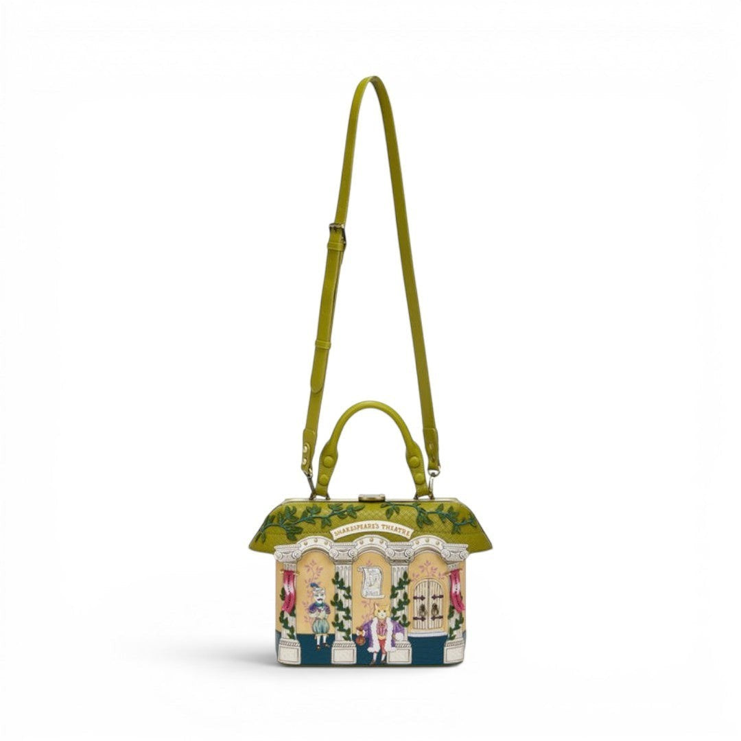 The Happy Shoe Shop Vendula London Shakespeare's Theatre Twelfth Night Grab Bag, a structured vegan leather handbag with a theatre facade print and green trim.