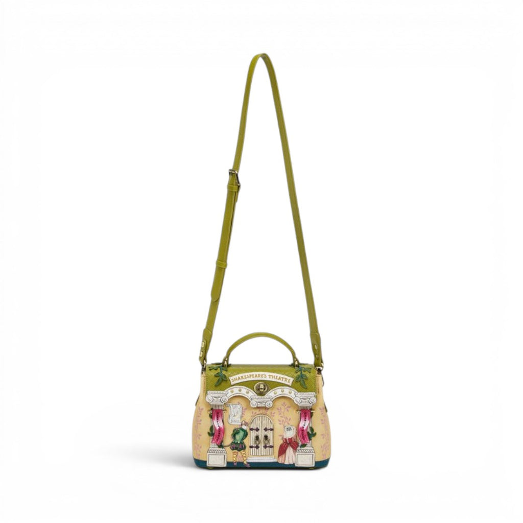 The Happy Shoe Shop Vendula London Shakespeare's Theatre bag with theatre facade, figures, and floral details. Vegan leather.