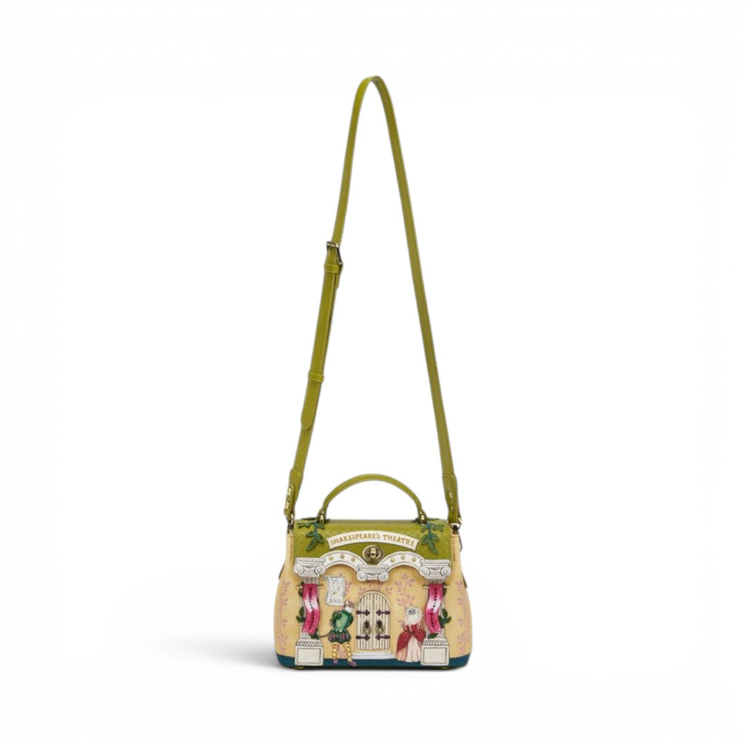The Happy Shoe Shop Vendula London Shakespeare's Theatre bag with theatre facade, figures, and floral details. Vegan leather.
