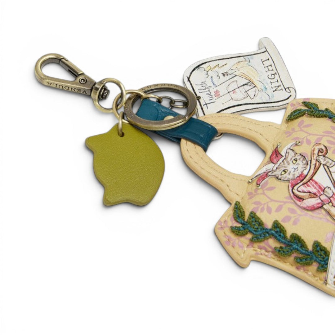 The Happy Shoe Shop Vendula London Shakespeare's Twelfth Night cat charm, made of vegan leather with intricate stitching and antique brass hardware.